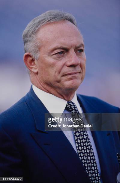 Jerry Jones, owner, president, and general manager of the Dallas Cowboys looks on during the National Football Conference Central Division game...