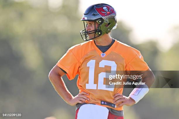 Tom Brady of the Tampa Bay Buccaneers looks on during Buccaneers Training Camp at AdventHealth Training Center on July 27, 2022 in Tampa, Florida.