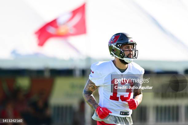 Mike Evans of the Tampa Bay Buccaneers looks on during the 2022 Buccaneers Training Camp AdventHealth Training Center on July 27, 2022 in Tampa,...