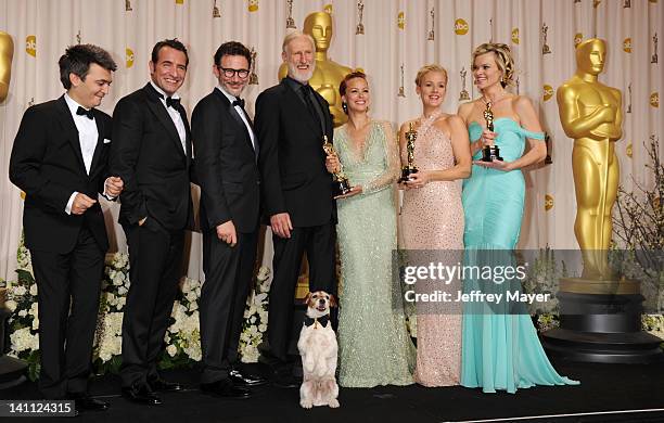 Thomas Langmann, Jean Dujardin, Michel Hazanavicius, James Cromwell, Uggie the dog, Berenice Bejo, Penelope Ann Miller and Missi Pyle poses in the...