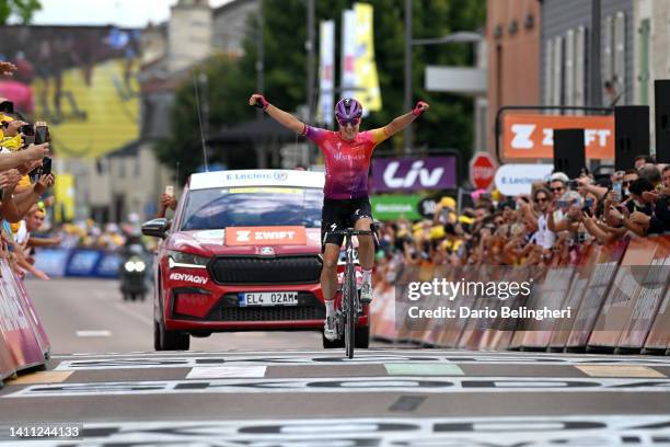 Marlen Reusser of Switzerland and Team SD Worx celebrates winning during the 1st Tour de France Femmes 2022, Stage 4 a 126,8km stage from Troyes to...