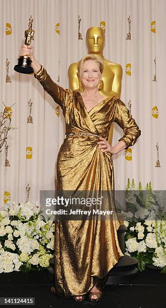 Meryl Streep poses in the press room at the 84th Annual Academy Awards held at Hollywood & Highland Center on February 26, 2012 in Hollywood,...