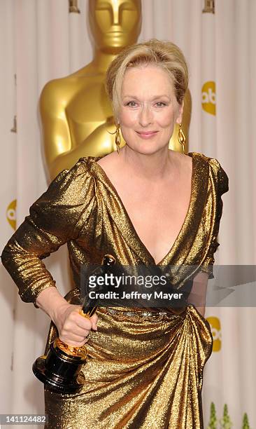 Meryl Streep poses in the press room at the 84th Annual Academy Awards held at Hollywood & Highland Center on February 26, 2012 in Hollywood,...