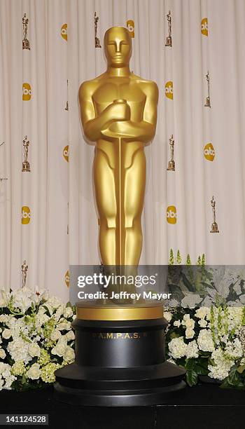 Oscar statue poses in the press room at the 84th Annual Academy Awards held at Hollywood & Highland Center on February 26, 2012 in Hollywood,...