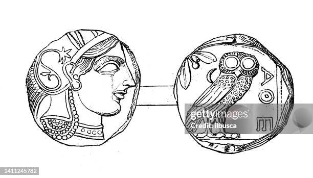 antique illustration: greek art, athena coin - ancient coin stock illustrations