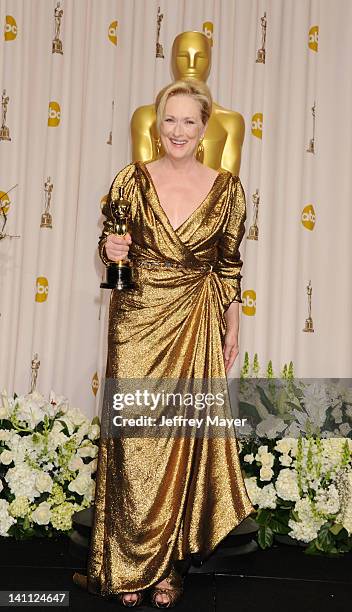 Meryl Streep poses in the press room at the 84th Annual Academy Awards held at Hollywood & Highland Center on February 26, 2012 in Hollywood,...