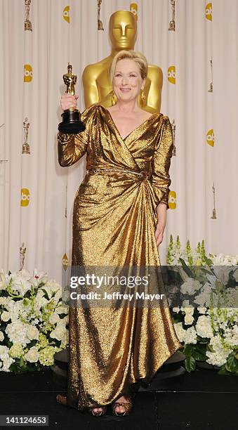 Meryl Streep poses in the press room at the 84th Annual Academy Awards held at Hollywood & Highland Center on February 26, 2012 in Hollywood,...