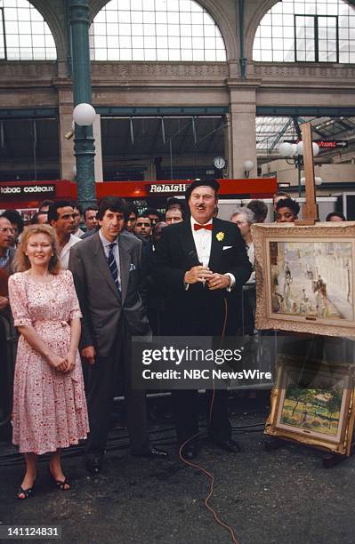 On the Orient Express 1988" -- Pictured: Artist Danielle Van Santen, gallery owner Daniel Delamare, NBC News' Willard Scott at the Gare du Nord train...