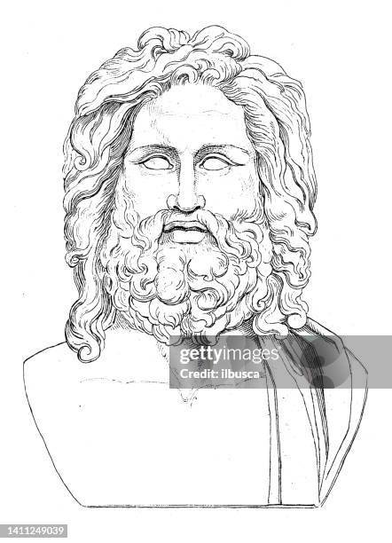 ilustraciones, imágenes clip art, dibujos animados e iconos de stock de ilustración antigua: arte griego, zeus de otricoli - mitología griega