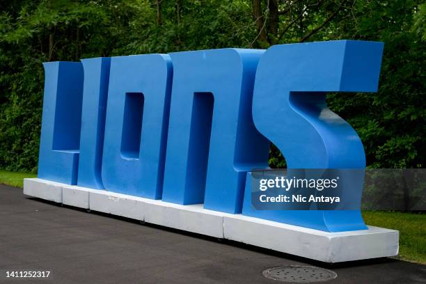 The Detroit Lions logo is pictured during the Detroit Lions Training Camp on July 27, 2022 at the Lions Headquarters and Training Facility in Allen...