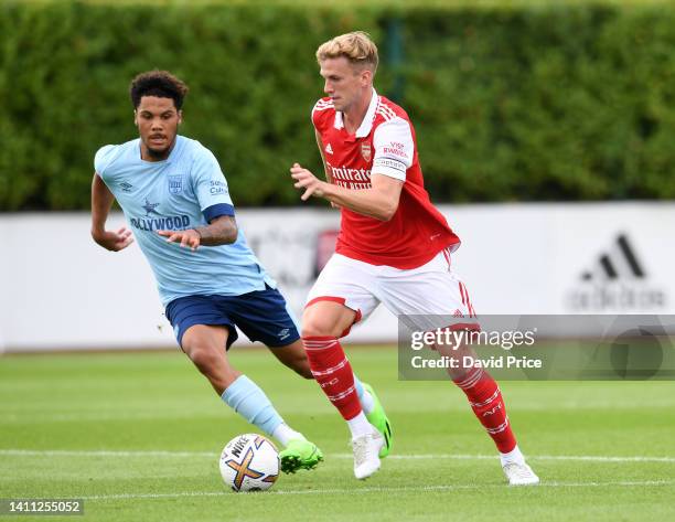 Rob Holding of Arsenal during the pre season friendly between Arsenal and Brentford at London Colney on July 27, 2022 in St Albans, England.