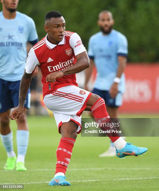 Marquinhos of Arsenal during the pre season friendly between Arsenal and Brentford at London Colney on July 27, 2022 in St Albans, England.