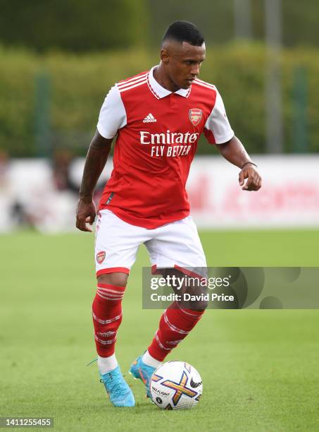 Marquinhos of Arsenal during the pre season friendly between Arsenal and Brentford at London Colney on July 27, 2022 in St Albans, England.