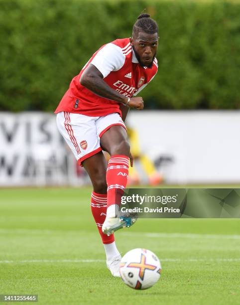 Nuno Tavares of Arsenal during the pre season friendly between Arsenal and Brentford at London Colney on July 27, 2022 in St Albans, England.