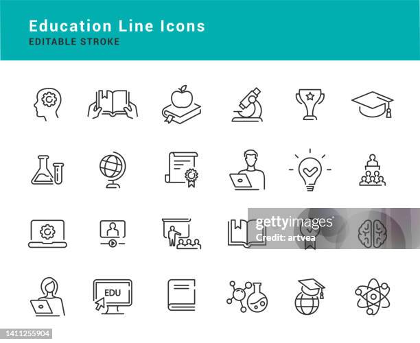 ilustraciones, imágenes clip art, dibujos animados e iconos de stock de conjunto de iconos de línea de trazo editable de educación - educacion digital