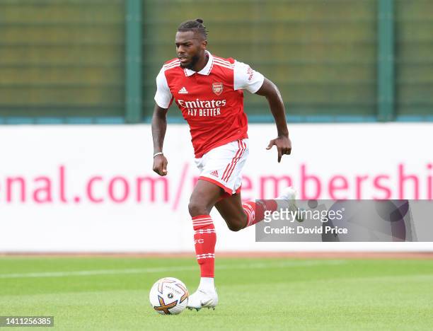 Nuno Tavares of Arsenal during the pre season friendly between Arsenal and Brentford at London Colney on July 27, 2022 in St Albans, England.