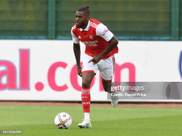 Nuno Tavares of Arsenal during the pre season friendly between Arsenal and Brentford at London Colney on July 27, 2022 in St Albans, England.