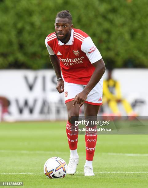 Nuno Tavares of Arsenal during the pre season friendly between Arsenal and Brentford at London Colney on July 27, 2022 in St Albans, England.