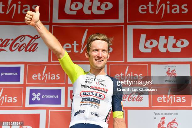 Jan Bakelants of Belgium and Team Intermarché - Wanty - Gobert Matériaux celebrates winning the stage on the podium ceremony after the 43rd Ethias -...