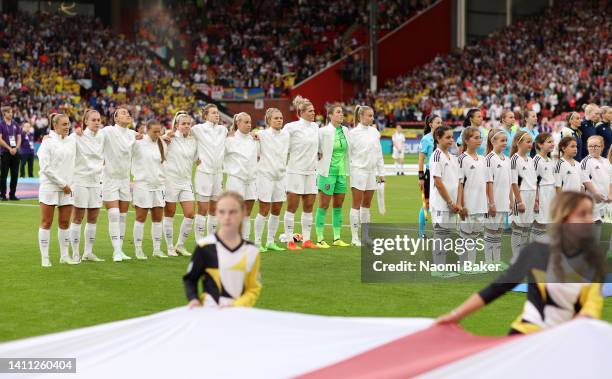 England line up for the national anthem during the UEFA Women's Euro 2022 Semi Final match between England and Sweden at Bramall Lane on July 26,...