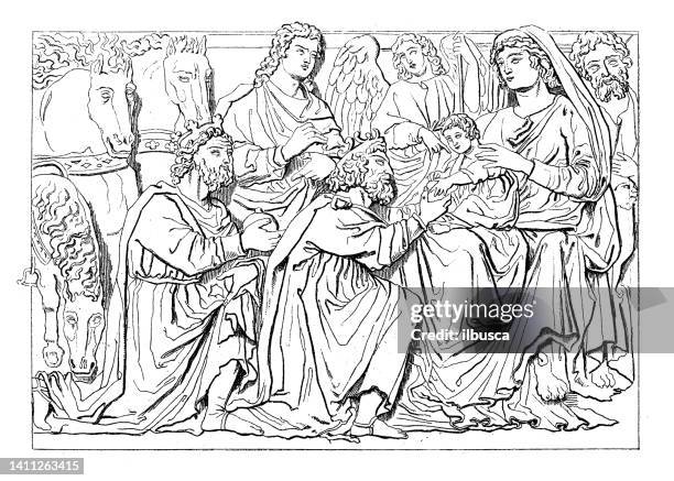 antique illustration: art, pisa baptistery of st. john, nicola pisano, 13th century - battistero del duomo stock illustrations