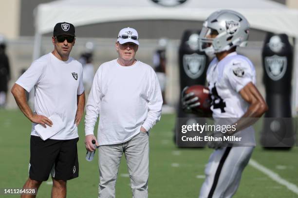 General manager Dave Ziegler and owner and managing general partner Mark Davis of the Las Vegas Raiders look on during the team's first fully padded...