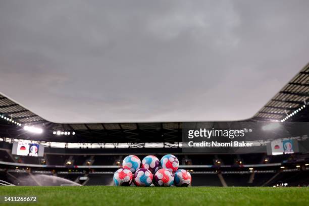 The Nike match balls are seen on the pitch prior to the UEFA Women's Euro 2022 Semi Final match between Germany and France at Stadium MK on July 27,...