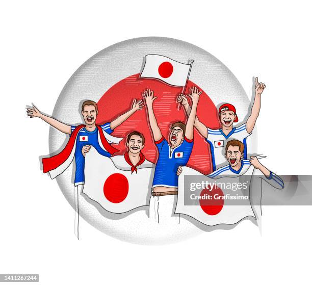 国旗を掲げて祝う日本人ファン5人組 - スポーツ観戦　日本点のイラスト素材／クリップアート素材／マンガ素材／アイコン素材