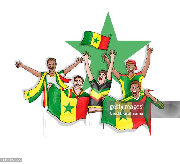 ilustrações, clipart, desenhos animados e ícones de grupo de cinco torcedores de futebol comemora com bandeira nacional do senegal - senegal