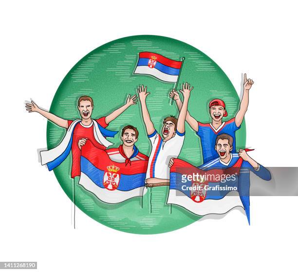 group of five soccer fan celebrating with national flag of serbia - serbian flag stock illustrations
