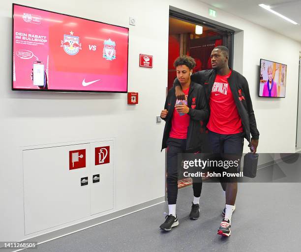 Kaide Gordon of Liverpool with Ibrahima Konate of Liverpool arrives at stadium for the the pre-season friendly match between FC Red Bull Salzburg and...