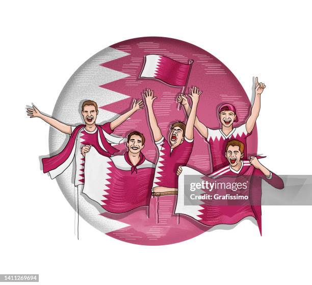 group of five soccer fan celebrating with national flag of qatar - qatar flag stock illustrations