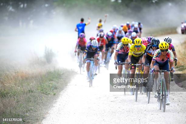 Katarzyna Niewiadoma of Poland and Team Canyon//SRAM Racing leads the peloton through a gravel road sector during the 1st Tour de France Femmes 2022,...