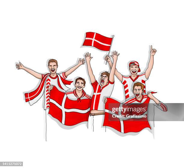 group of five danish soccer fan celebrating with national flag of denmark - danish sports stock illustrations