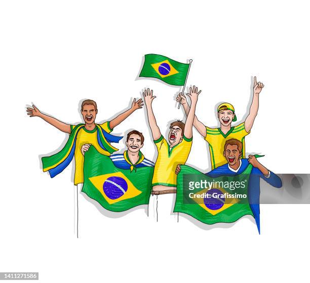 group of five brazilian soccer fan celebrating with national flag of brazil - brazil national football team 幅插畫檔、美工圖案、卡通及圖標