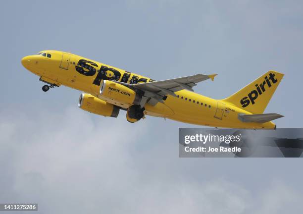 Spirit airlines plane takes off from Miami International Airport on July 27, 2022 in Miami, Florida. Spirit Airlines Inc. Shareholders are voting...