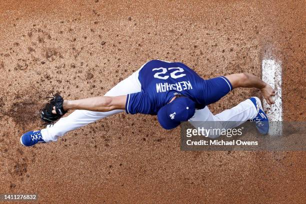 Clayton Kershaw of the Los Angeles Dodgers warms up in the bullpen prior to a game against the Washington Nationals at Dodger Stadium on July 27,...