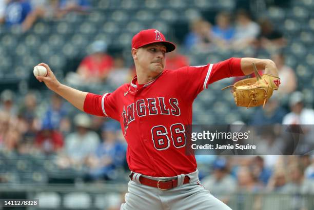 Starting pitcher Janson Junk of the Los Angeles Angels pitches during the 1st inning of the game against the Kansas City Royals at Kauffman Stadium...