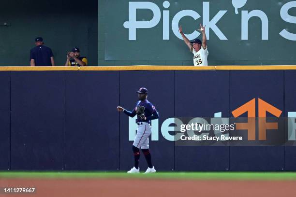 Brent Suter of the Milwaukee Brewers reacts to a three run home run by Rowdy Tellez during the first inning against the Minnesota Twins at American...