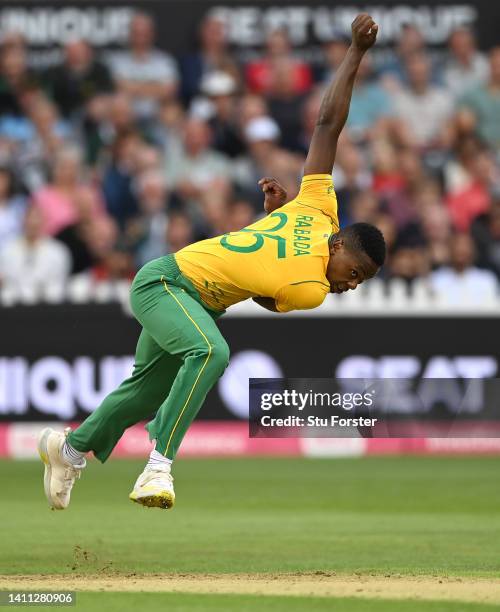 Kagiso Rabada of South Africa in bowling action during the 1st Vitality IT20 match between England and South Africa at Seat Unique Stadium on July...