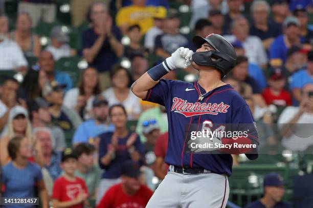 Jose Miranda of the Minnesota Twins celebrates a home run during the second inning against the Milwaukee Brewers at American Family Field on July 27,...