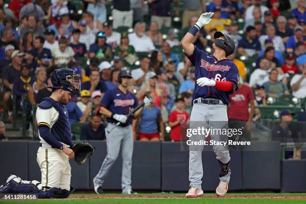 Jose Miranda of the Minnesota Twins celebrates a home run during the second inning against the Milwaukee Brewers at American Family Field on July 27,...