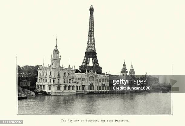 pavilion of portugal and food products, eiffel tower, at the paris exposition universelle of 1889, france - eiffel tower paris stock illustrations