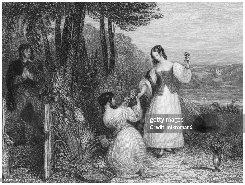 Old engraved illustration of "Love" by Francis Philip Stephanoff - young man standing in the shadow and looking amourously at a girl, standing at centre, handing flowers to another girl, kneeling next to her