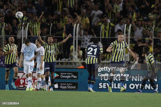 Attila Szalai of Fenerbahce celebrates his goal against Dynamo Kyiv during the UEFA Champions League Second Qualifying Round Second Leg match between...