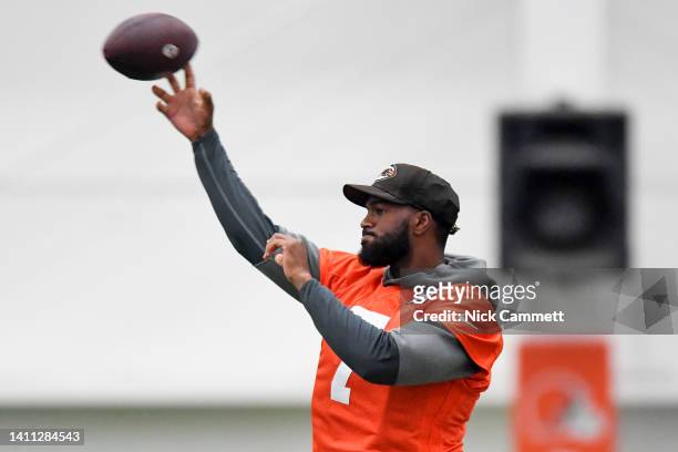 Jacoby Brissett of the Cleveland Browns throws a pass during Cleveland Browns training camp at CrossCountry Mortgage Campus on July 27, 2022 in...