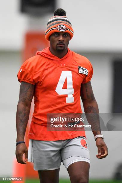 Deshaun Watson of the Cleveland Browns looks on during Cleveland Browns training camp at CrossCountry Mortgage Campus on July 27, 2022 in Berea, Ohio.