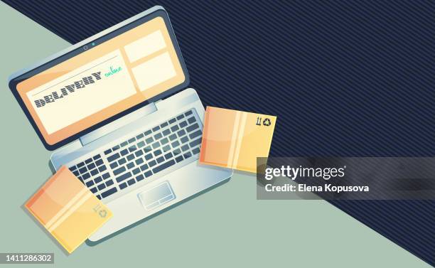 worldwide fast shipping and e-commerce concept in cartoon style. laptop and cardboard boxes with space for text on colorful abstract background. online order infographics, web page, app design. - care package stock illustrations