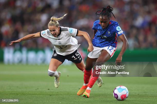 Melvine Malard of France battles for possession with Giulia Gwinn of Germany during the UEFA Women's Euro 2022 Semi Final match between Germany and...