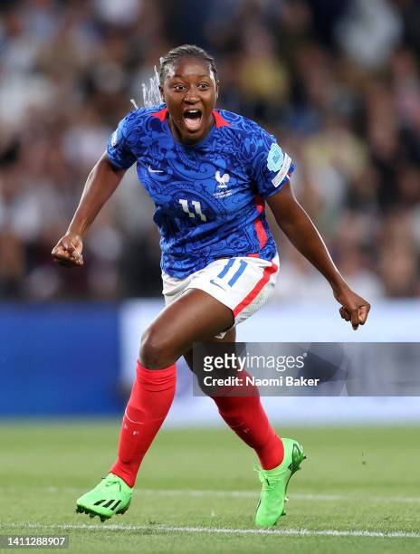 Kadidiatou Diani of France celebrates after scoring their side's first goal, later credited as an own goal by German goalkeeper Merle Frohms, during...
